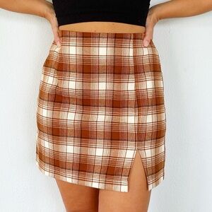 Wild Fable brown tan plaid print high rise stretch bodycon mini skirt size 8